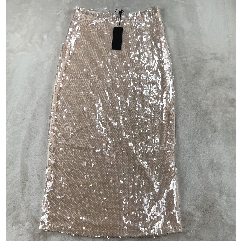 Gianni Bini Kate Sequin Midi Skirt Dove Champagne Sparkle Pencil SMALL